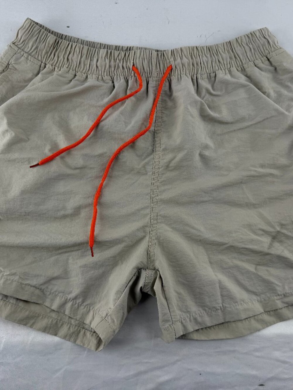Mens Khaki Beige Nylon Athletic Beach Shorts Swim Trunks Size Small Drawstring